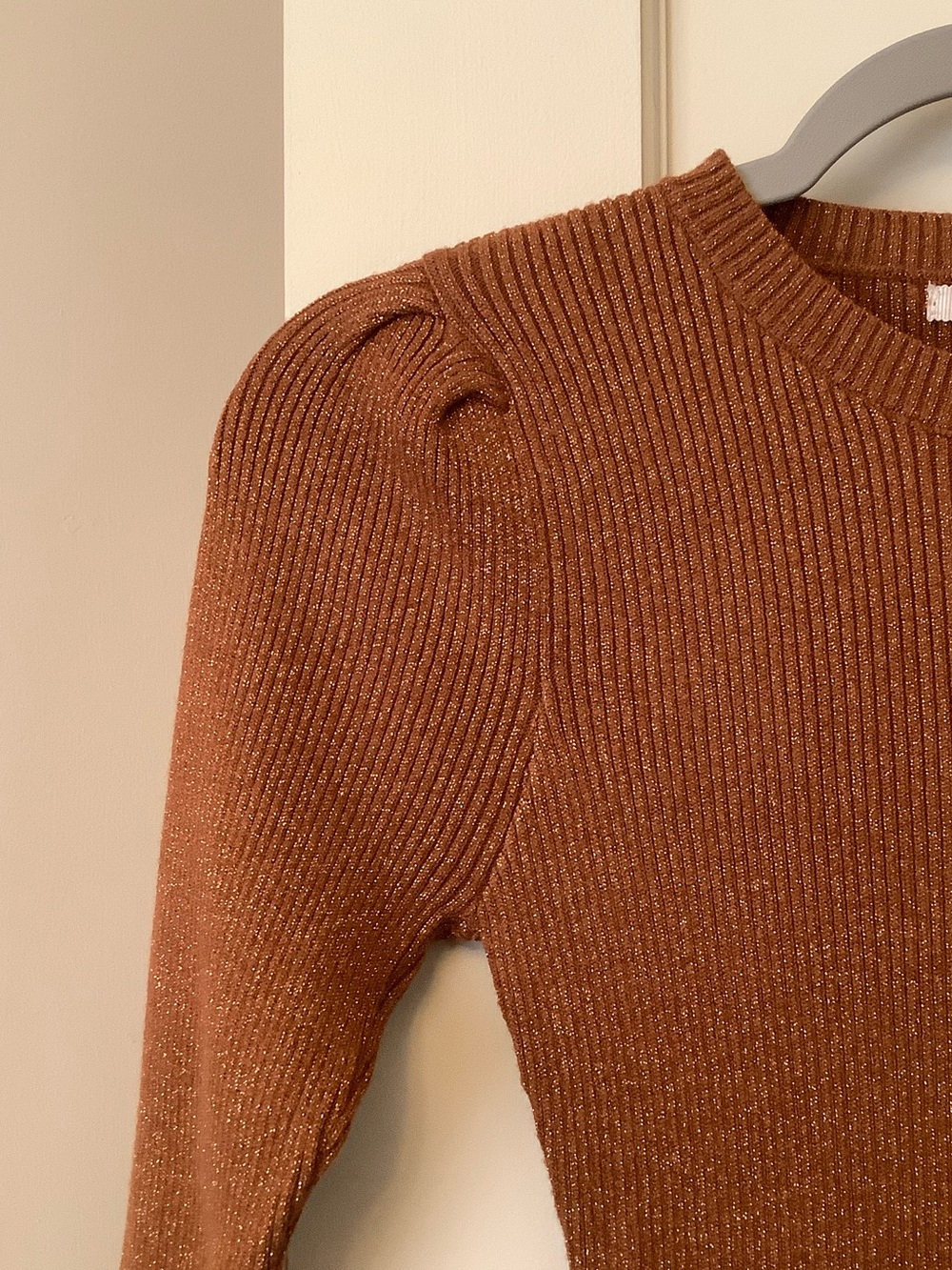 Francesca's Sparkle Rust Brown Ribbed Puff-Sleeve Bodycon Dress - Picture 5 of 7